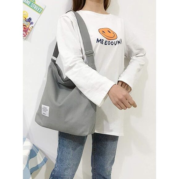 Women's Grey Imported Canvas Retro Large Size Shoulder Crossbody Tote Bag - Picture 2 of 4